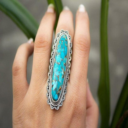 Long Vintage Blue Turquoise Antique Silver Ring