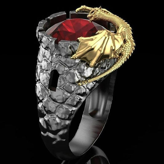 925 Sterling Silver Domineering Golden Dragon Red Crystal Ring