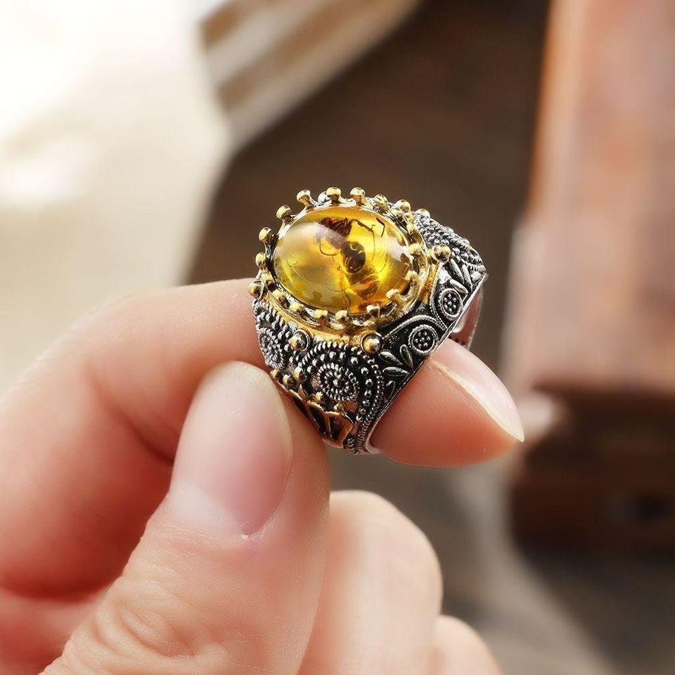 Men's Oval Gothic Crown Yellow Amber Ant Fossil Insect Two-Tone Ring