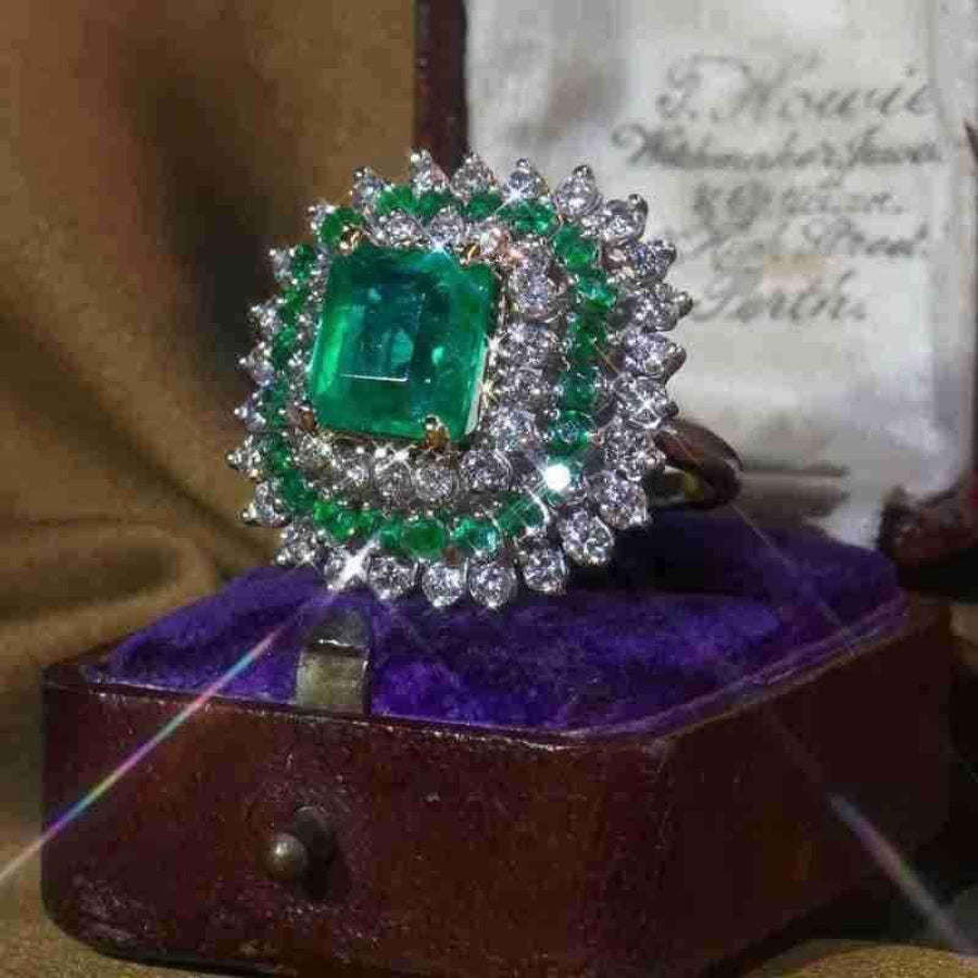 Vintage Emerald & White Sapphire Antique Silver Art Deco Ring
