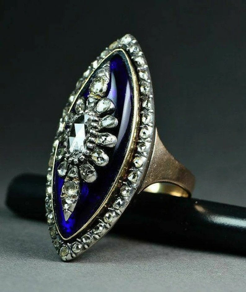 925 Sterling Silver Blue Enamel Art Deco Ring