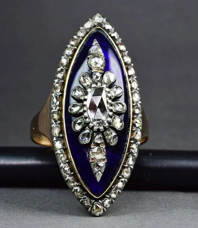 925 Sterling Silver Blue Enamel Art Deco Ring