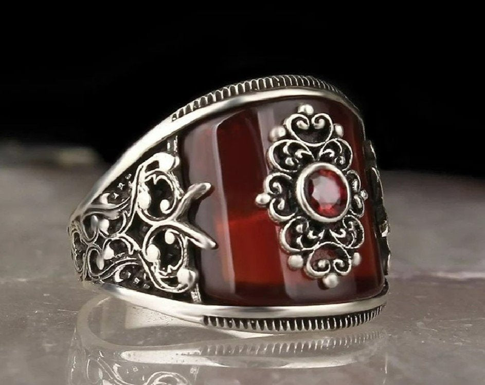 Men's Handmade Red Agate Stone Silver Ring