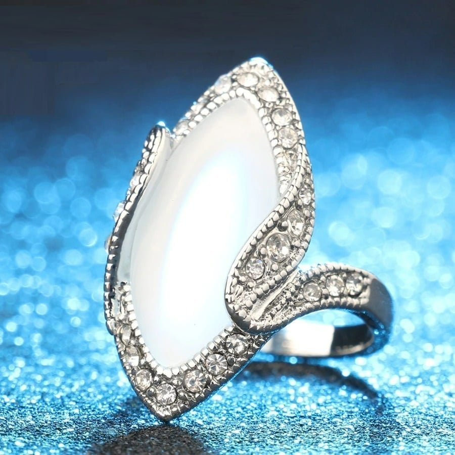 Vintage Moonstone White Marquise & CZ Crystal Silver Ring