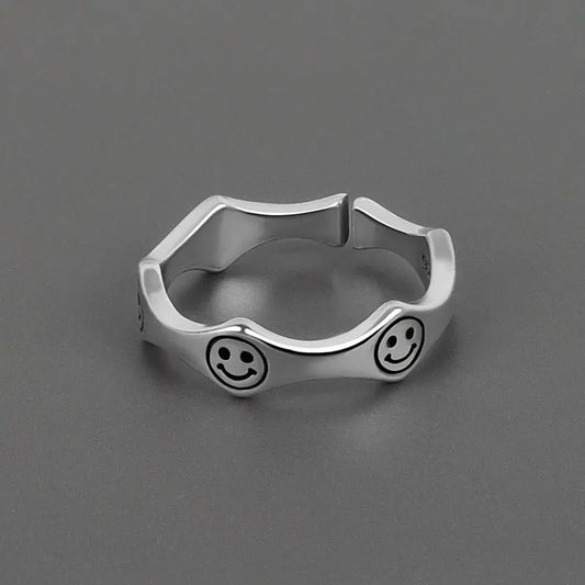 Retro Sterling Silver Smiling Happy Face Emojis Open Ring