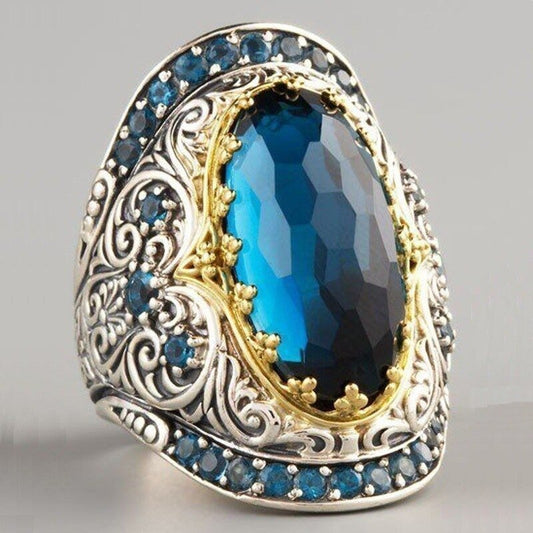 Vintage Blue Aquamarine Topaz Antique Two Tone Ring