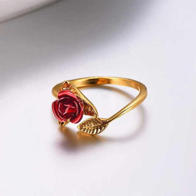 Exquisite Red Rose Flower Leaf Open Cocktail Ring