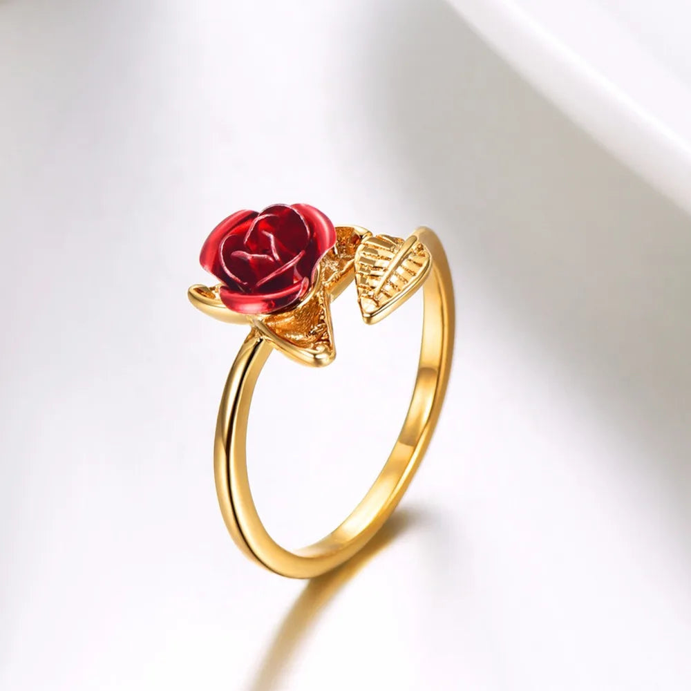 Exquisite Red Rose Flower Leaf Open Cocktail Ring