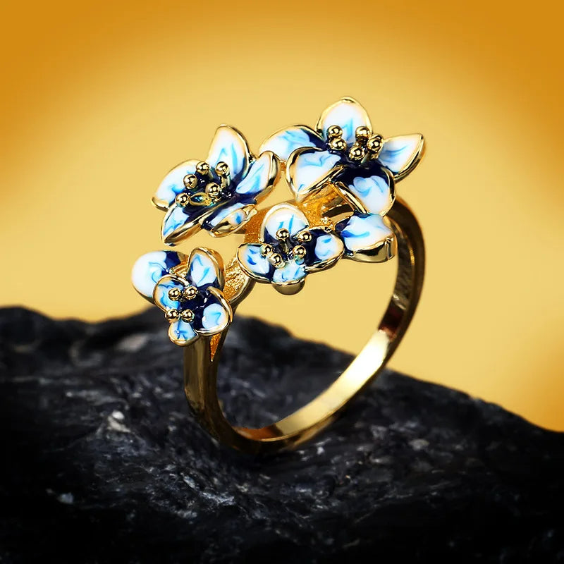 925 Sterling Silver Filled Blue Enamel Lotus Flower Gold Tone Ring