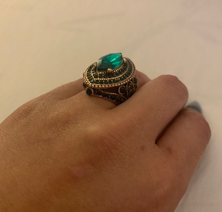 Vintage Bulgaria Green Marquise Antique Gold Ethnic Ring