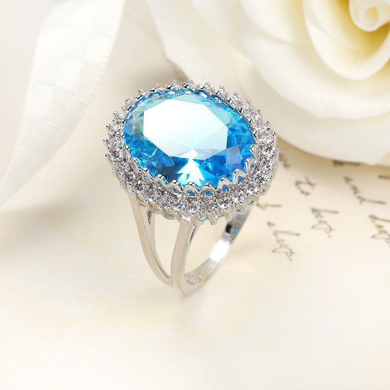 Blue Topaz Oval Halo Ring 925 Sterling Silver CZ Accent Statement Ring for Women