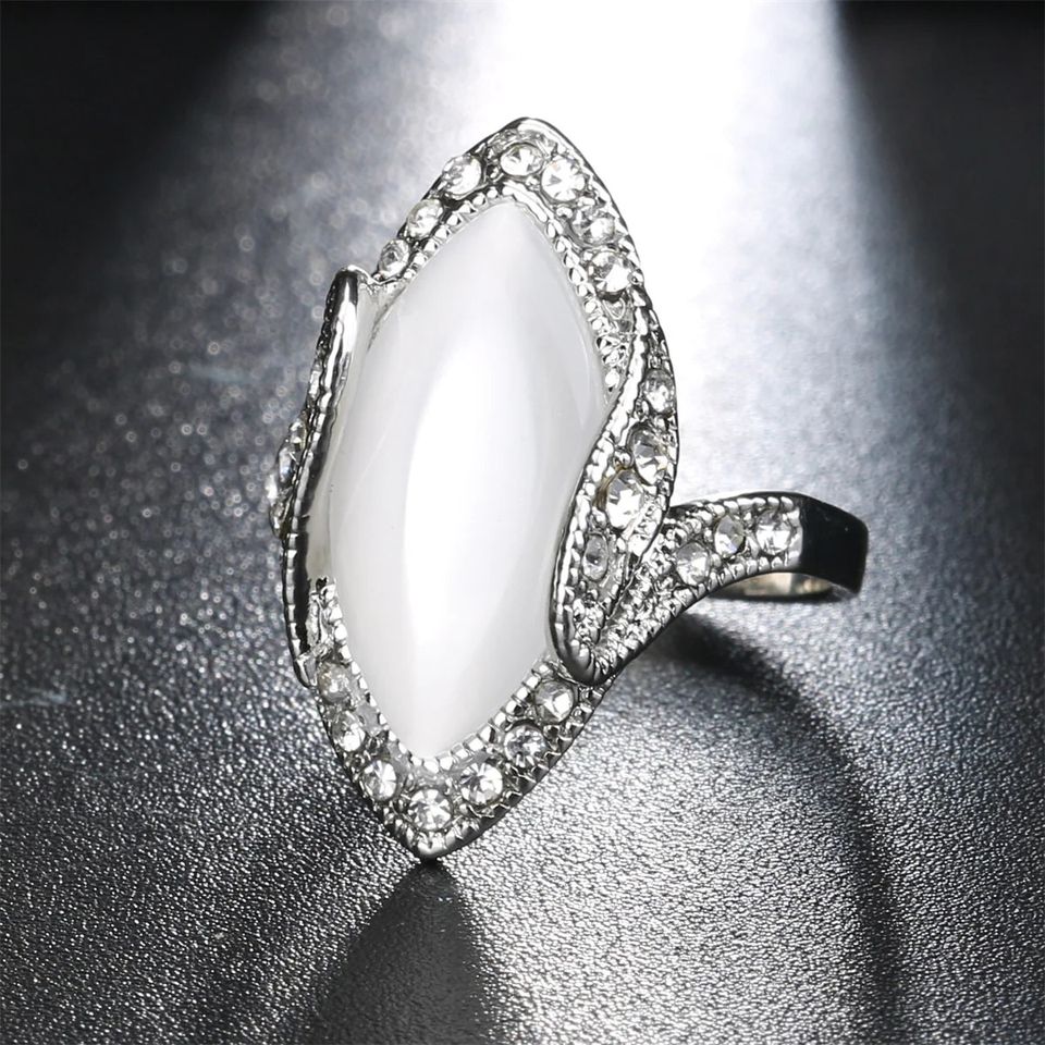 Vintage Moonstone White Marquise & CZ Crystal Silver Ring