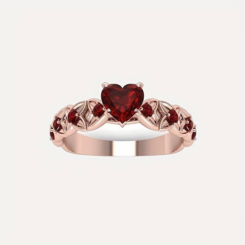 Red Heart Shape CZ Crystal Hollow Rose Gold Ring