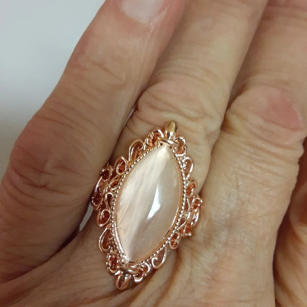 925 Sterling Silver Vintage Pink Opal Rose Gold Tone Ring