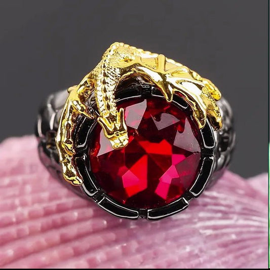 925 Sterling Silver Domineering Golden Dragon Red Crystal Ring