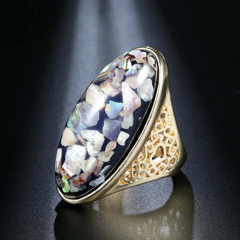 Colorful Shells Artificial Coral Big Oval Bohemian Gold Ring