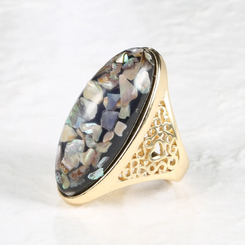 Colorful Shells Artificial Coral Big Oval Bohemian Gold Ring