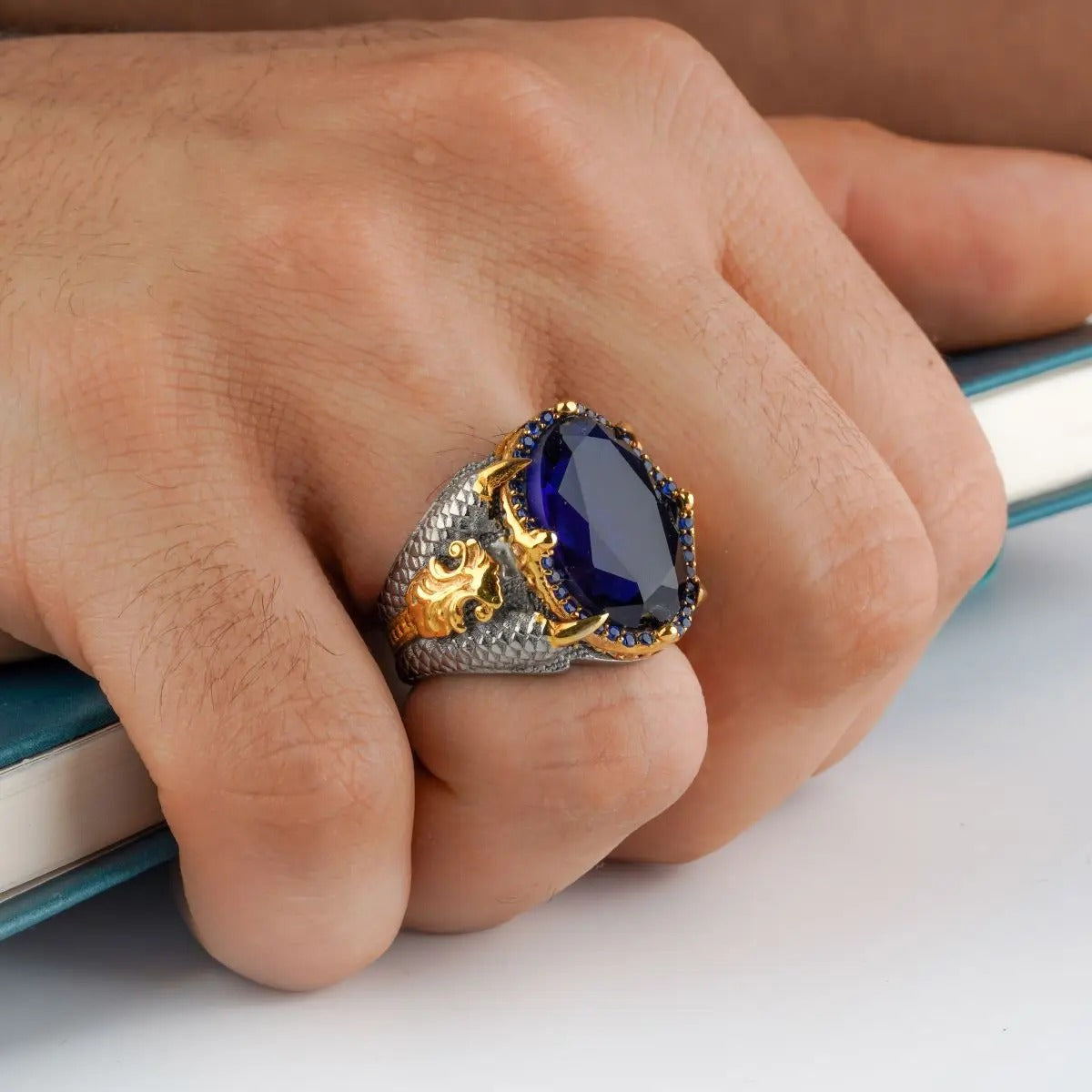 Men's Handmade Blue Sapphire Open Two-Tone Ottoman Ring