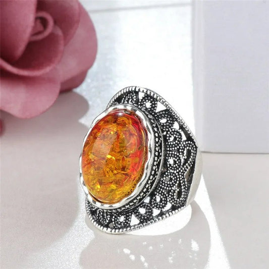 Big Oval Orange Amber Vintage Antique Silver Ring