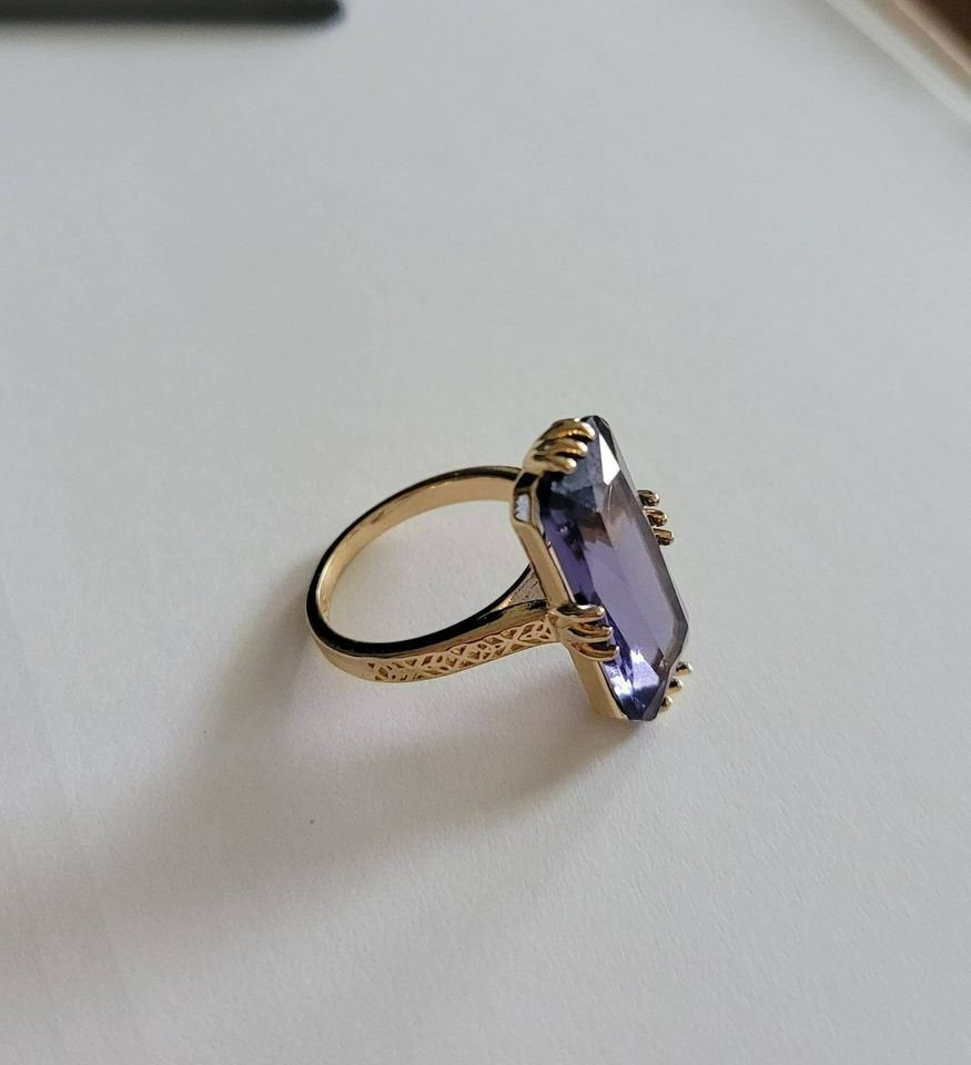 Sterling Silver Long Purple Amethyst Claw Gold Tone Ring