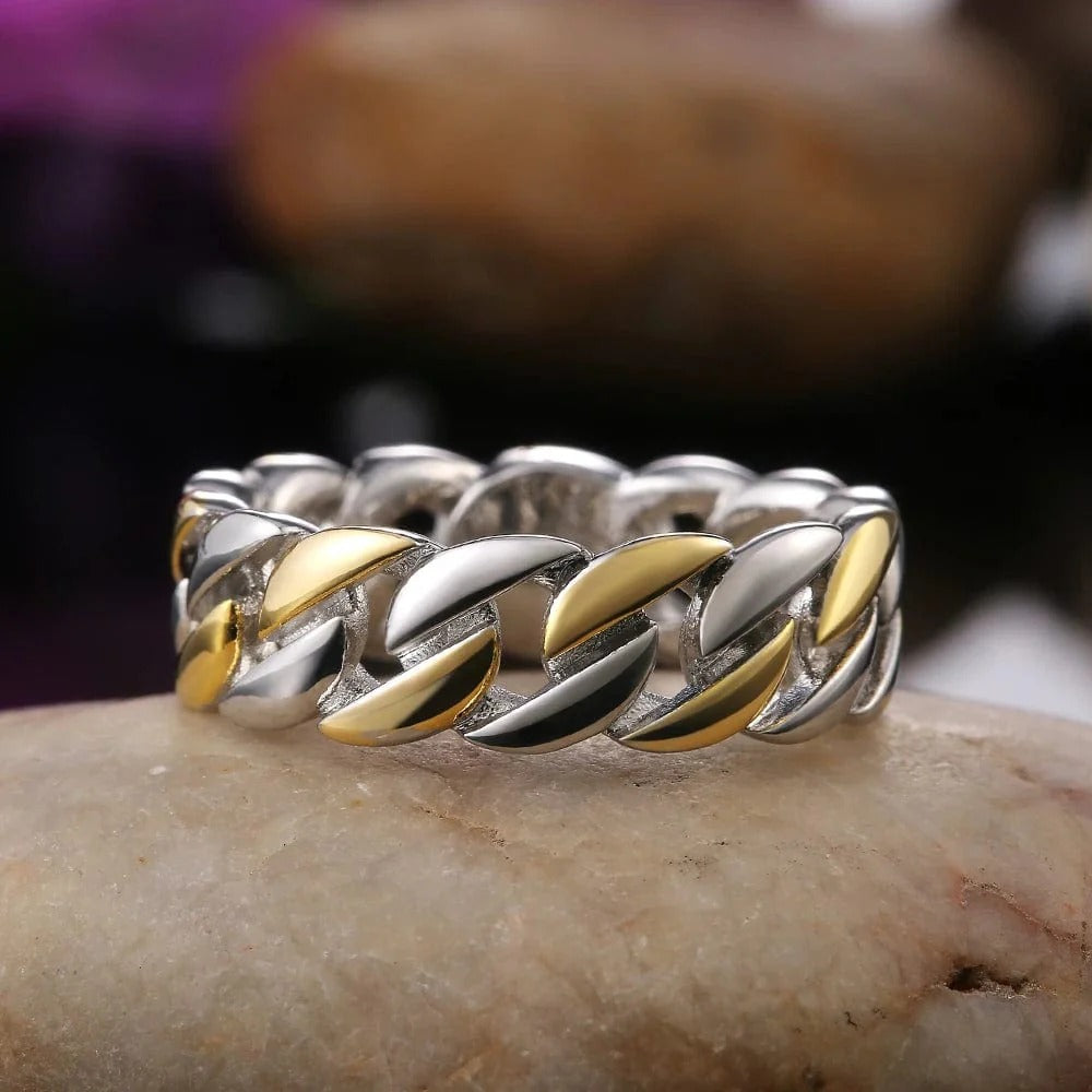 Men's S925 Silver Band 7mm Two-Tone Retro Chain Ring