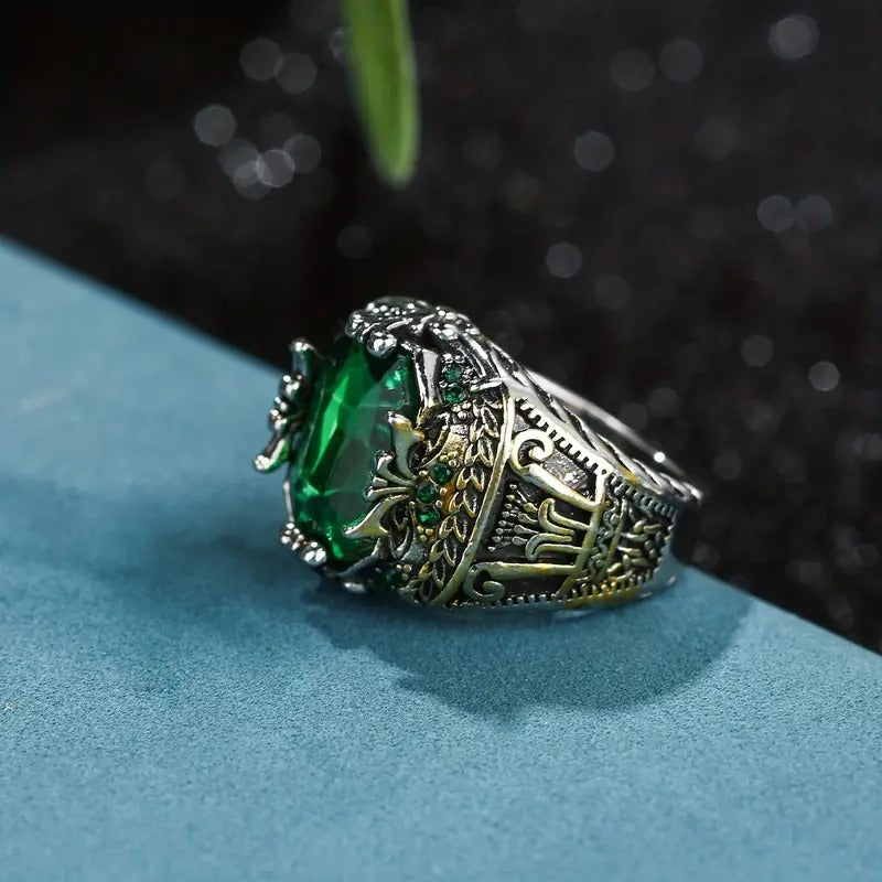 Men's Handmade Green Emerald Topaz Turkish Two Tone Ring