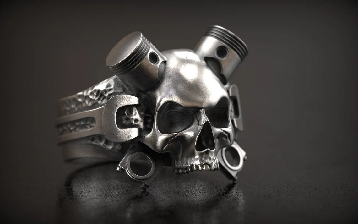 Retro Steampunk Mechanical Wrench Silver Skull Biker Ring