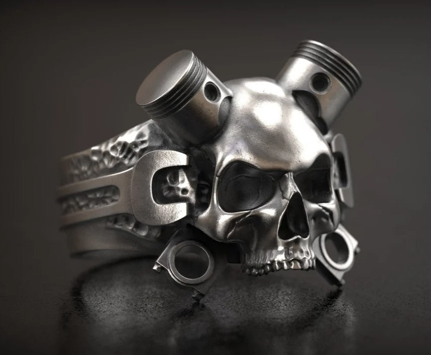 Retro Steampunk Mechanical Wrench Silver Skull Biker Ring