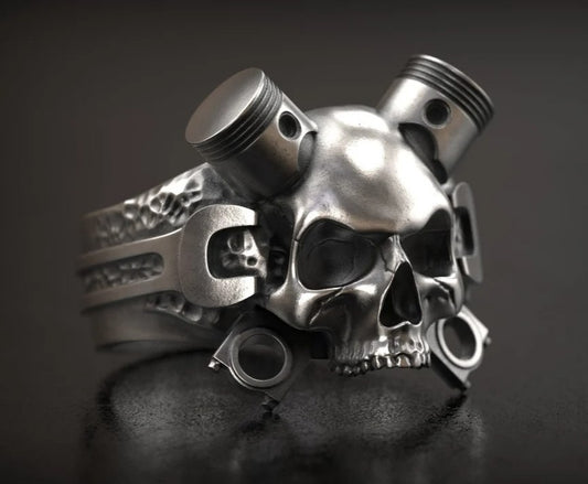 Retro Steampunk Mechanical Wrench Silver Skull Biker Ring