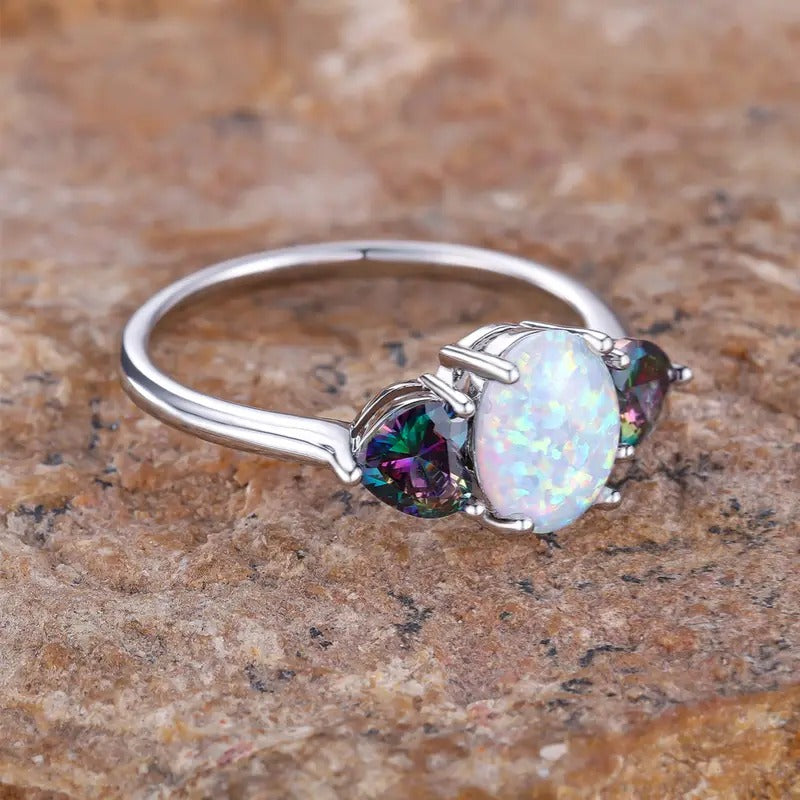 White Opal & Heart Shaped Mystical Topaz Ring