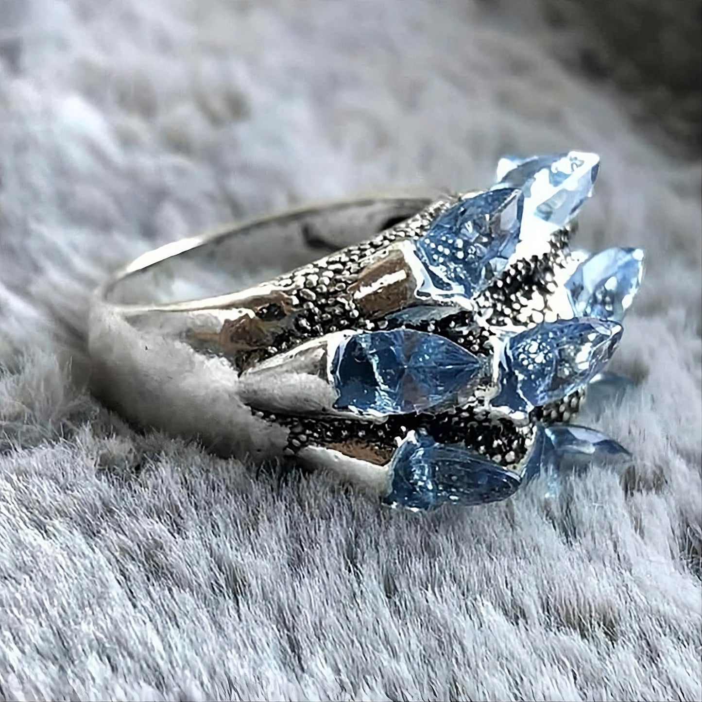 Gothic Silver Ring with Spiky Blue Crystals