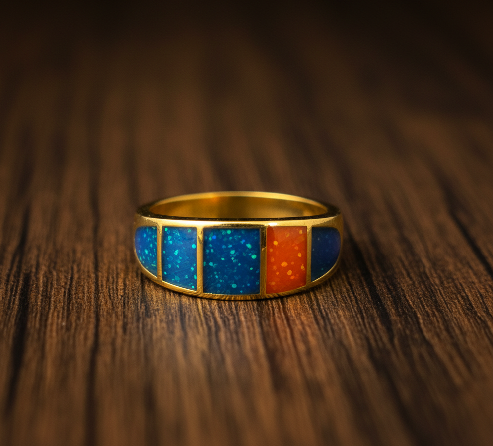 Gold Tone Multi-Panel Blue & Orange Fire Opal Inlay Band Ring