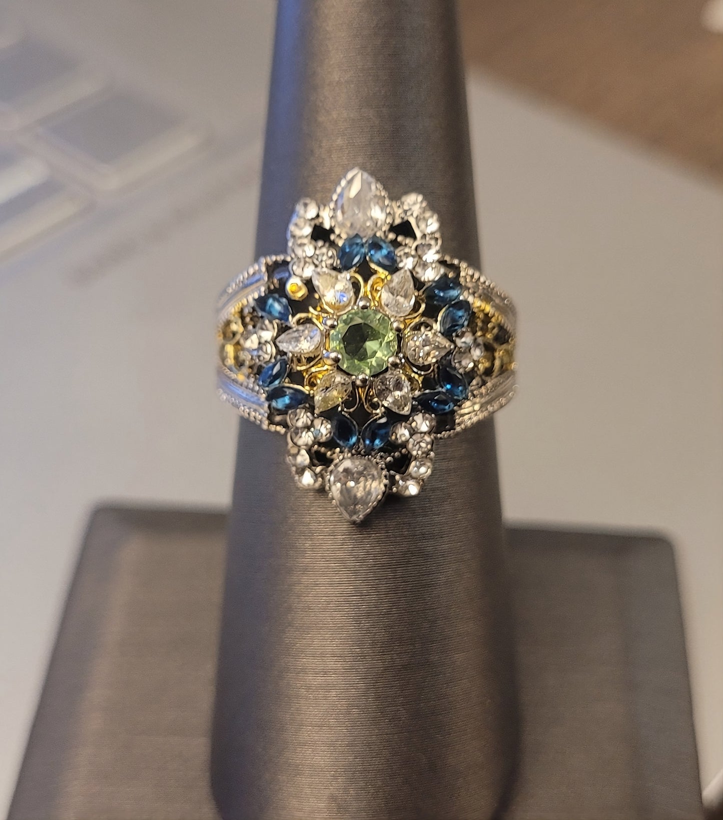 Hexagonal Blue & Green Rhinestones Two-Tone Art Deco Ring