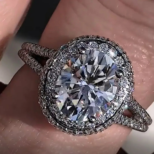 Stunning White Oval Halo Moissanite Silver Engagement Ring