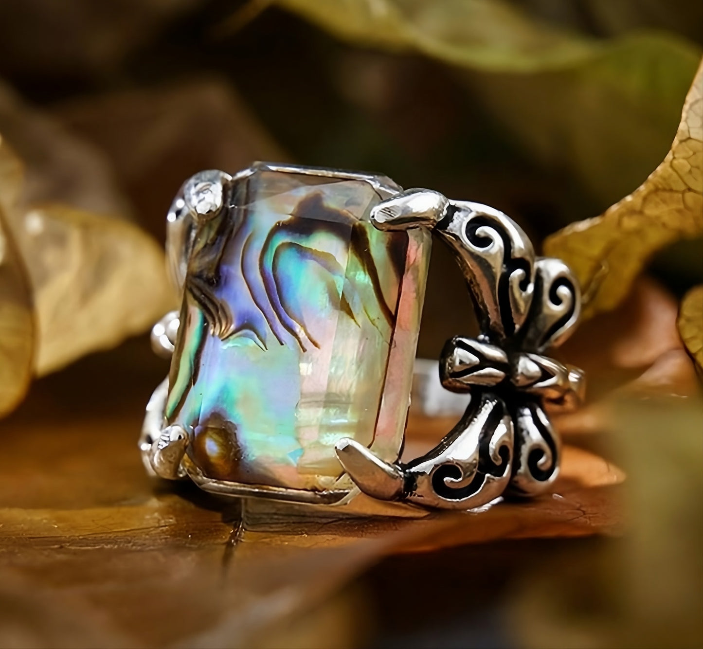 Vintage Distressed Colorful Shell Butterfly Antique Silver Ring