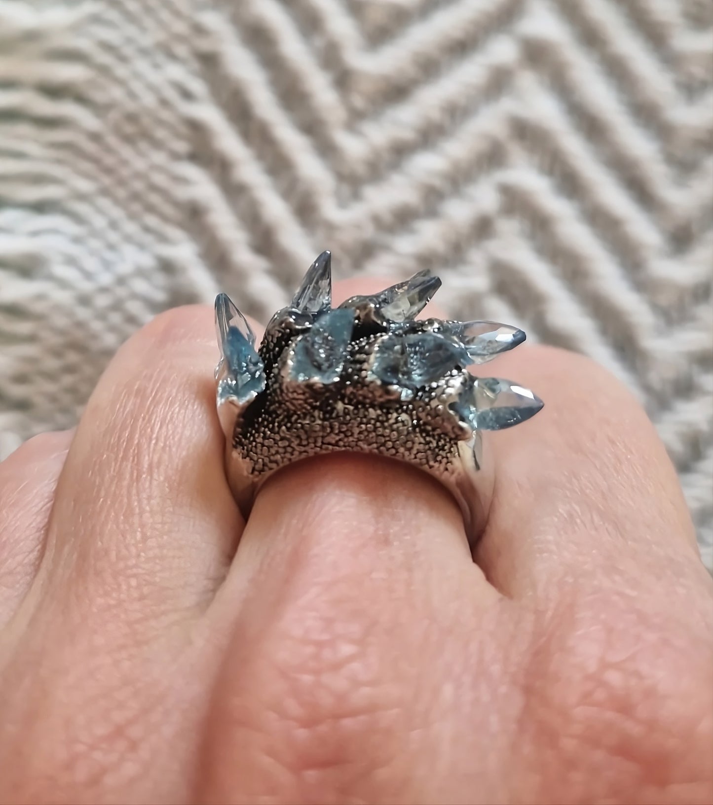 Gothic Silver Ring with Spiky Blue Crystals