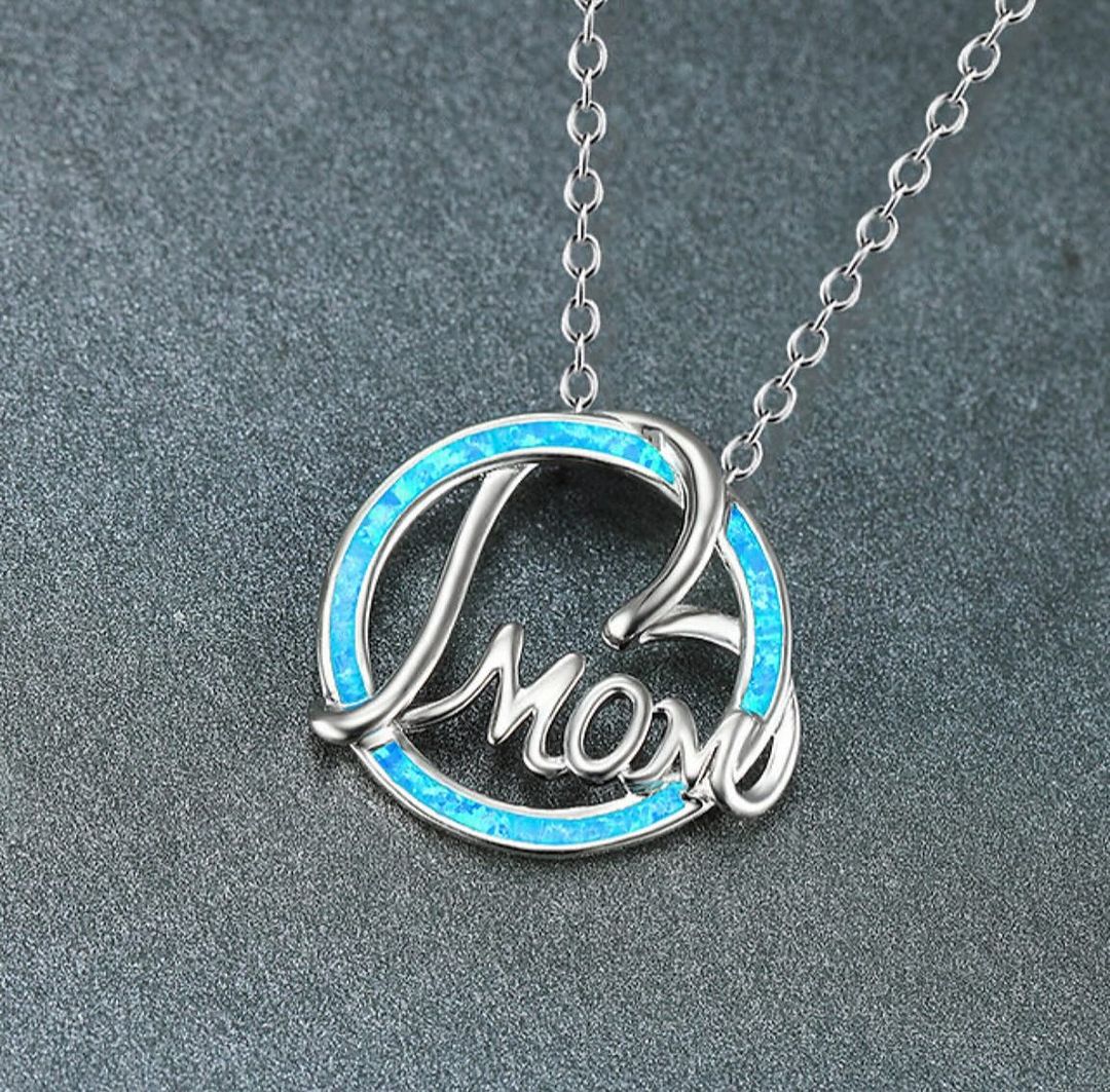Round Blue Opal Mom Heart Silver Necklace