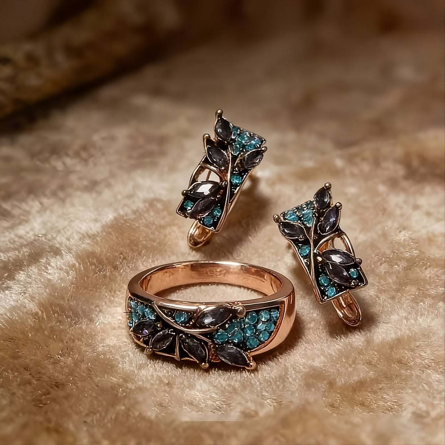 Purple & Blue Crystal Leaf Jewelry Set – Ring & Earrings