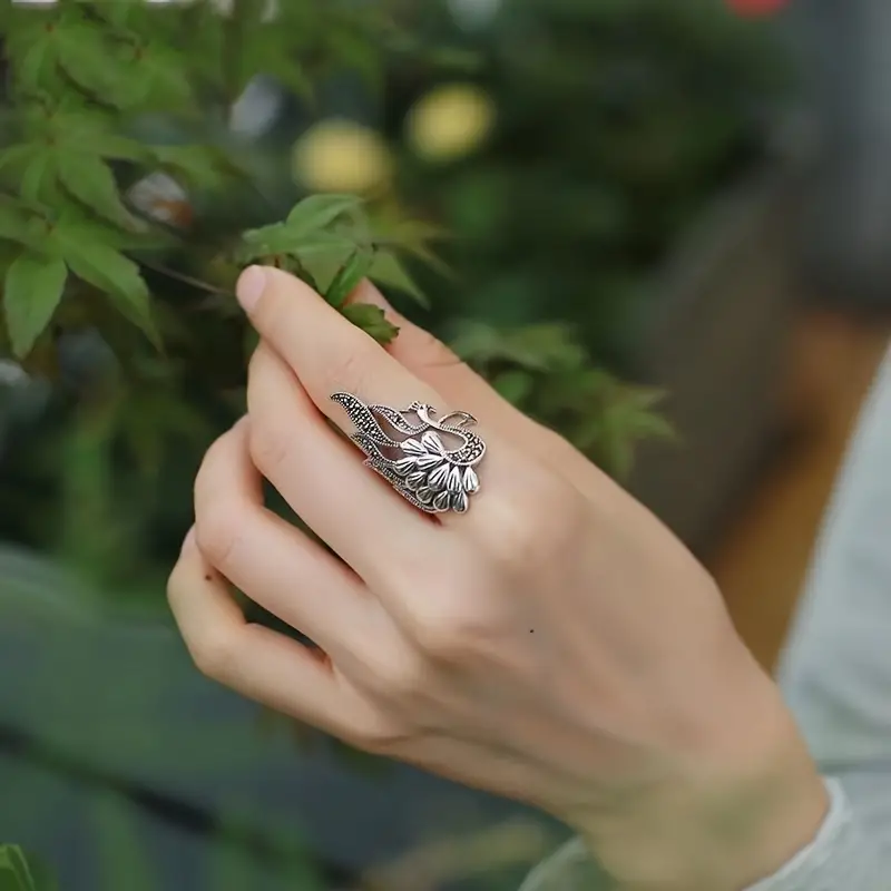 Retro Peacock Animal Feather Antique Silver Ring