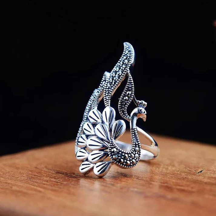 Retro Peacock Animal Feather Antique Silver Ring