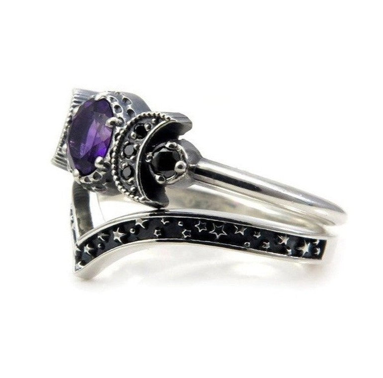 2pcs Vintage Triple Moon Purple Amethyst Silver Gothic Ring