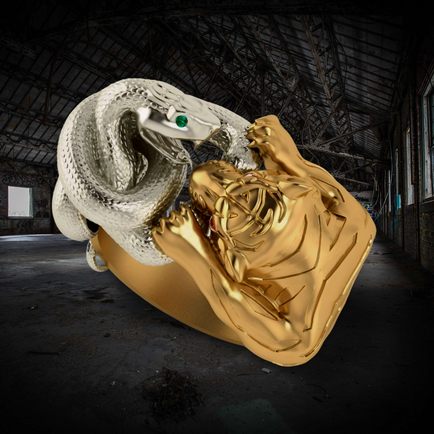3D Retro Gold Tiger Silver Snake Fighting Animal Bohemia Ring