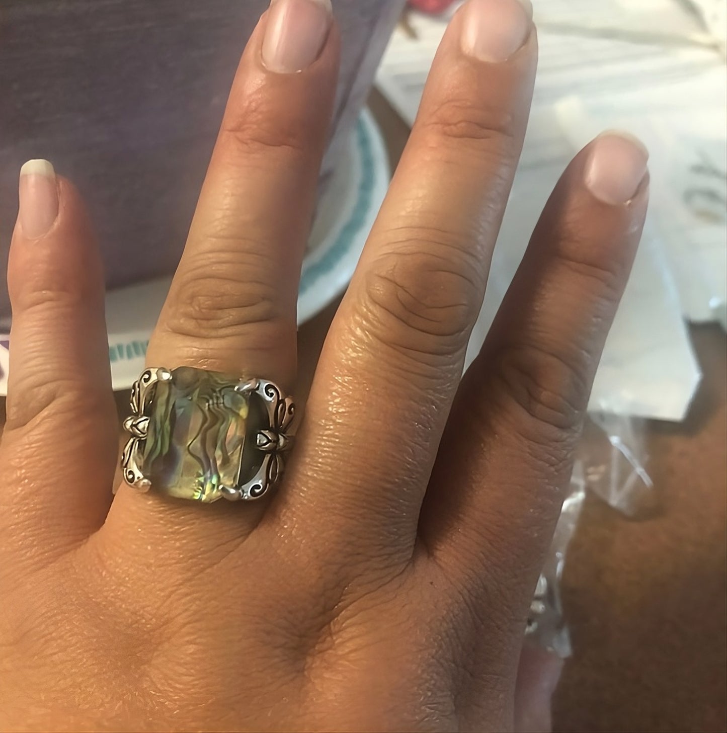Vintage Distressed Colorful Shell Butterfly Antique Silver Ring