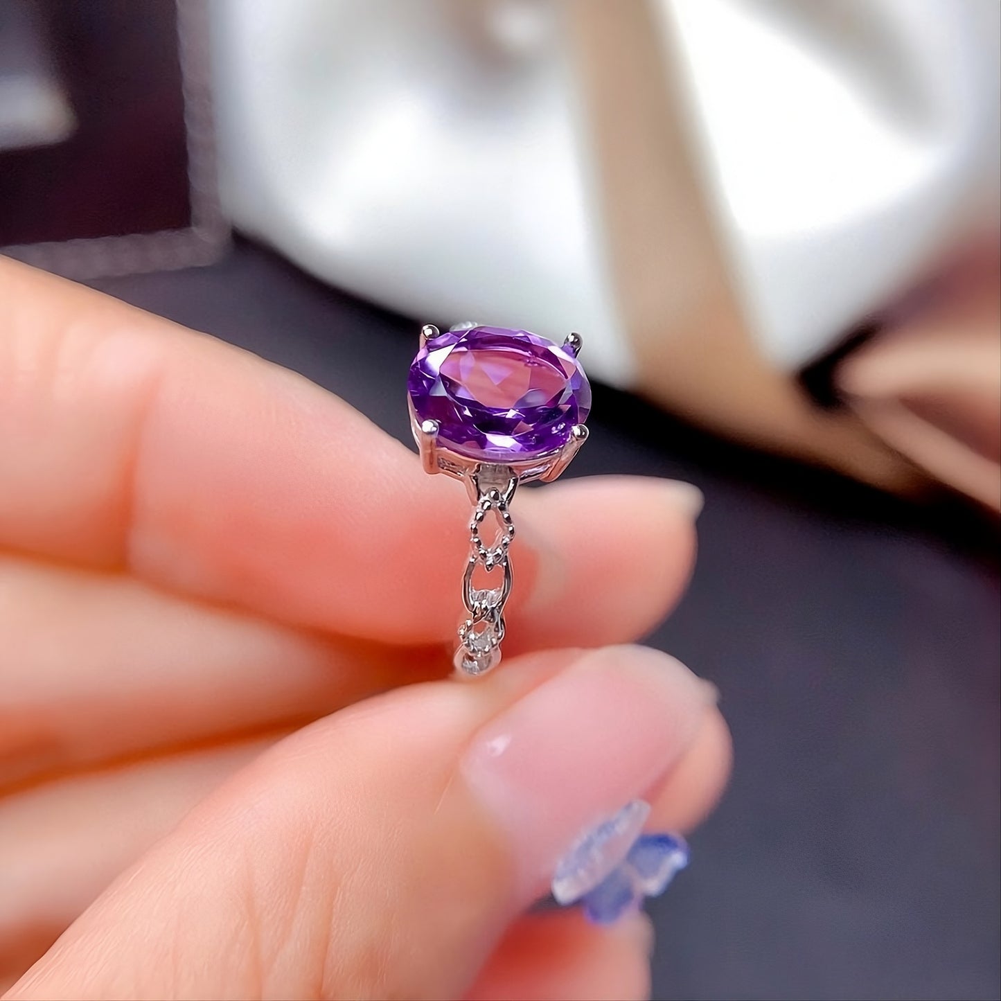 Purple CZ Solitaire 925 Sterling Silver Hollow Band Ring for Women