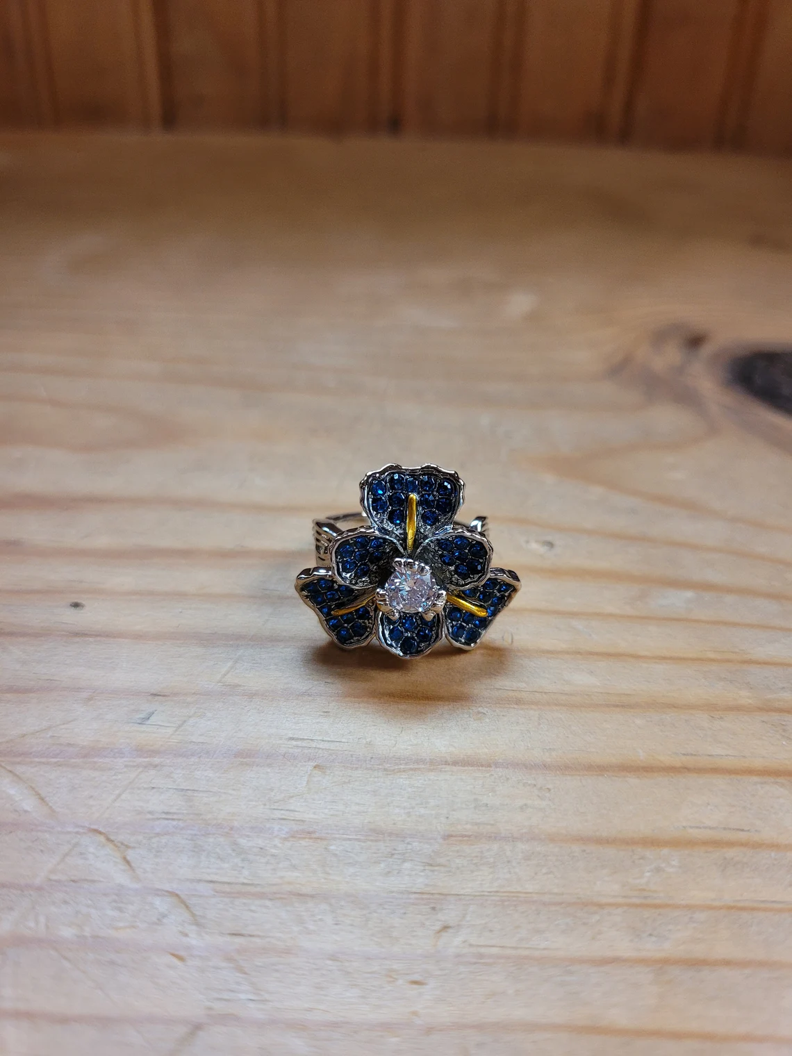 Sterling Silver Blue Iris Flower Crystals Ring