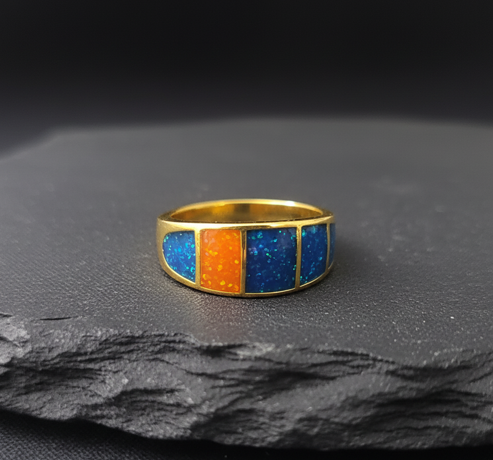 Gold Tone Multi-Panel Blue & Orange Fire Opal Inlay Band Ring