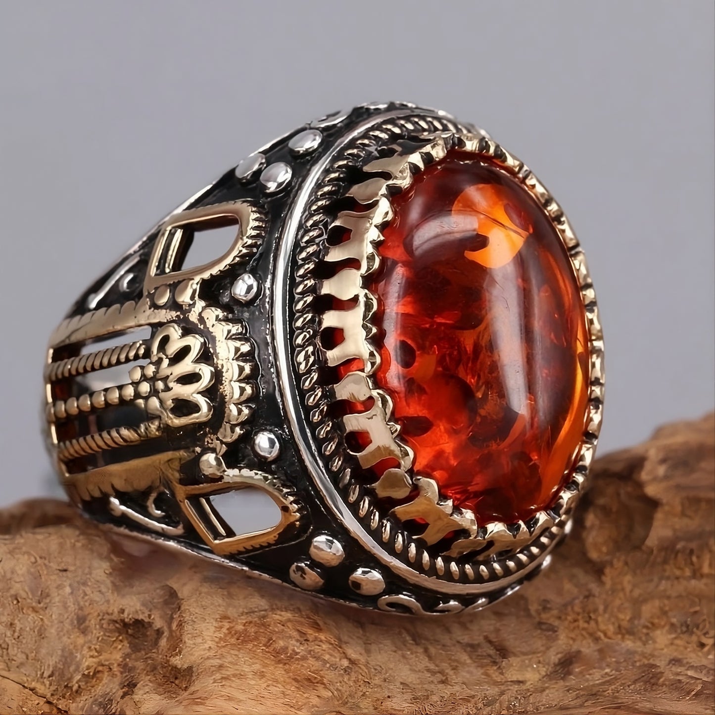 Men's Turkish Two-Tone Red Geometric Domineering Ring
