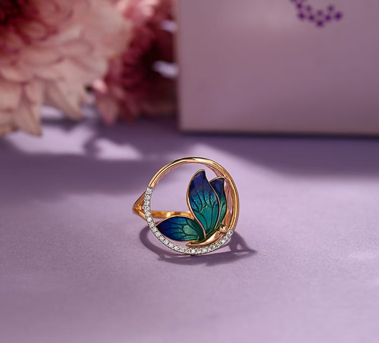 Handmade Blue Epoxy Butterfly Gold Enamel Ring
