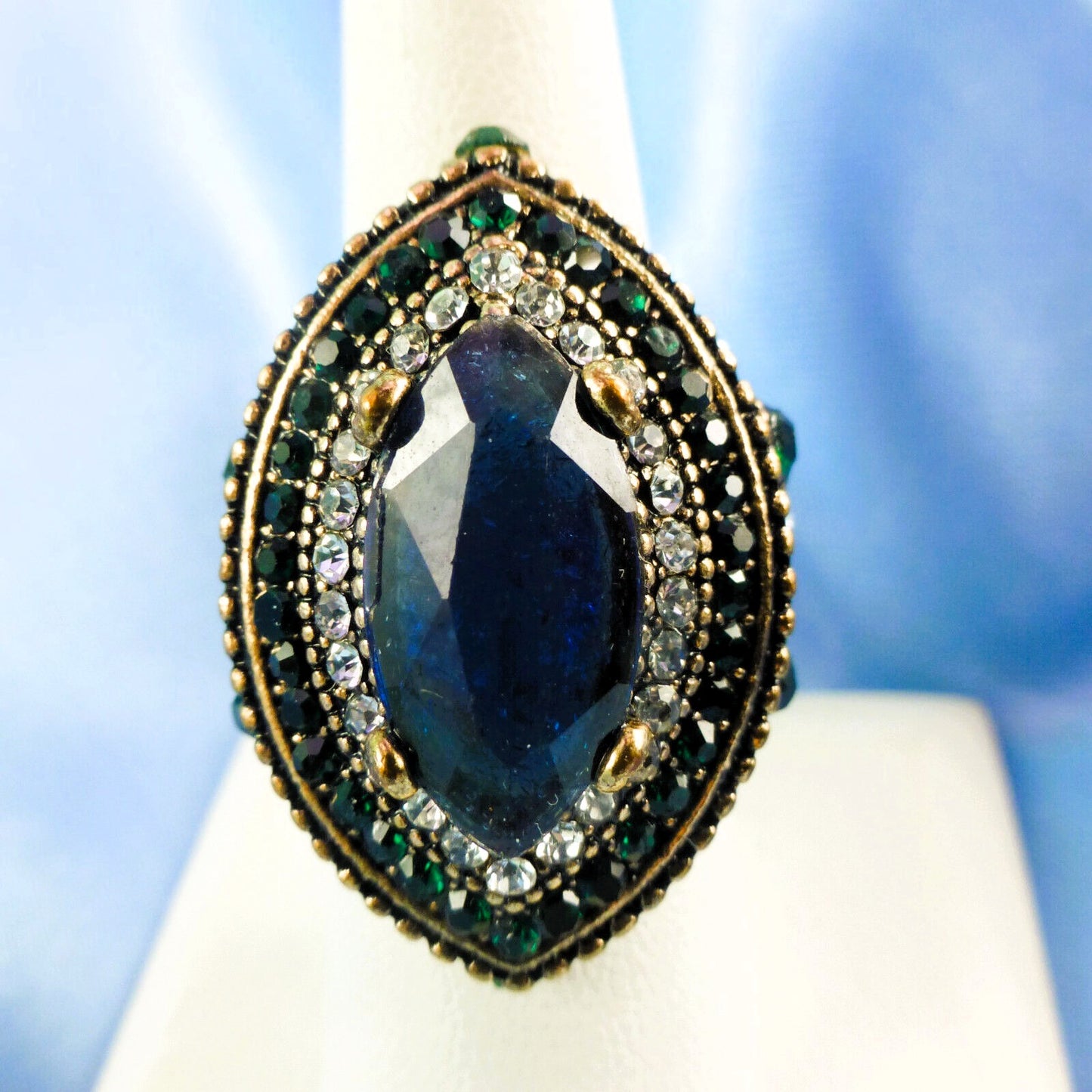 Vintage Bulgaria Blue Marquise Antique Gold Ethnic Ring