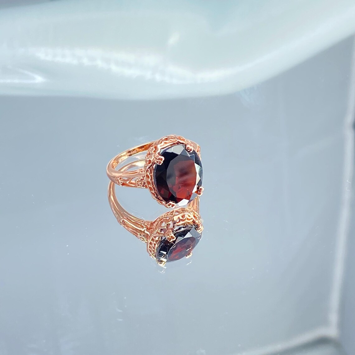 Sterling Silver 14mm Oval Red Garnet Rose Gold Ring